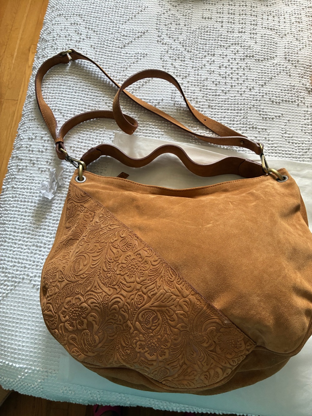 Sundance NWOT cognac brown suede and tooled leather handbag